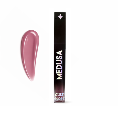 Cult Cosmetics Medusa lip gloss with packaging on a white background