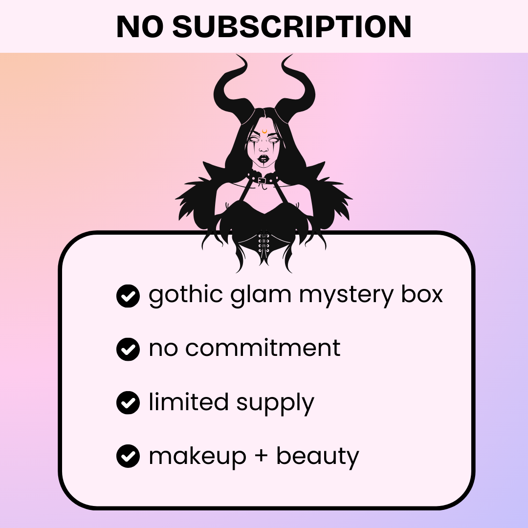 Gothic glam mystery box advertisement with a character and benefits listed on a gradient background.