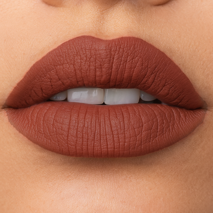 Close-up of a person wearing a matte brown lipstick.