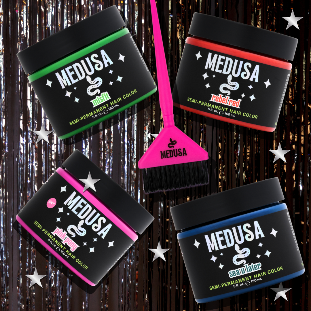 Four containers of Medusa semi-permanent hair color with a brush on a decorative background.