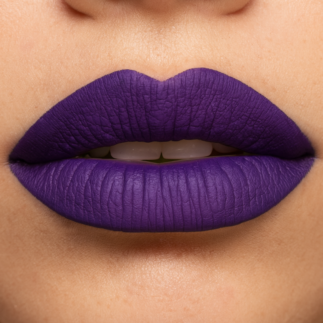 Close-up of a person wearing bright purple lipstick on a neutral background