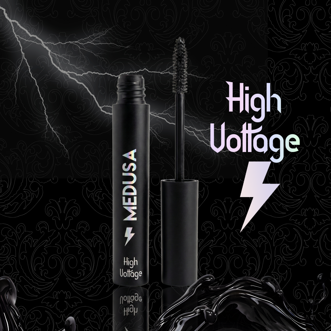 Medusa High Voltage mascara with lightning bolt design on a dark background