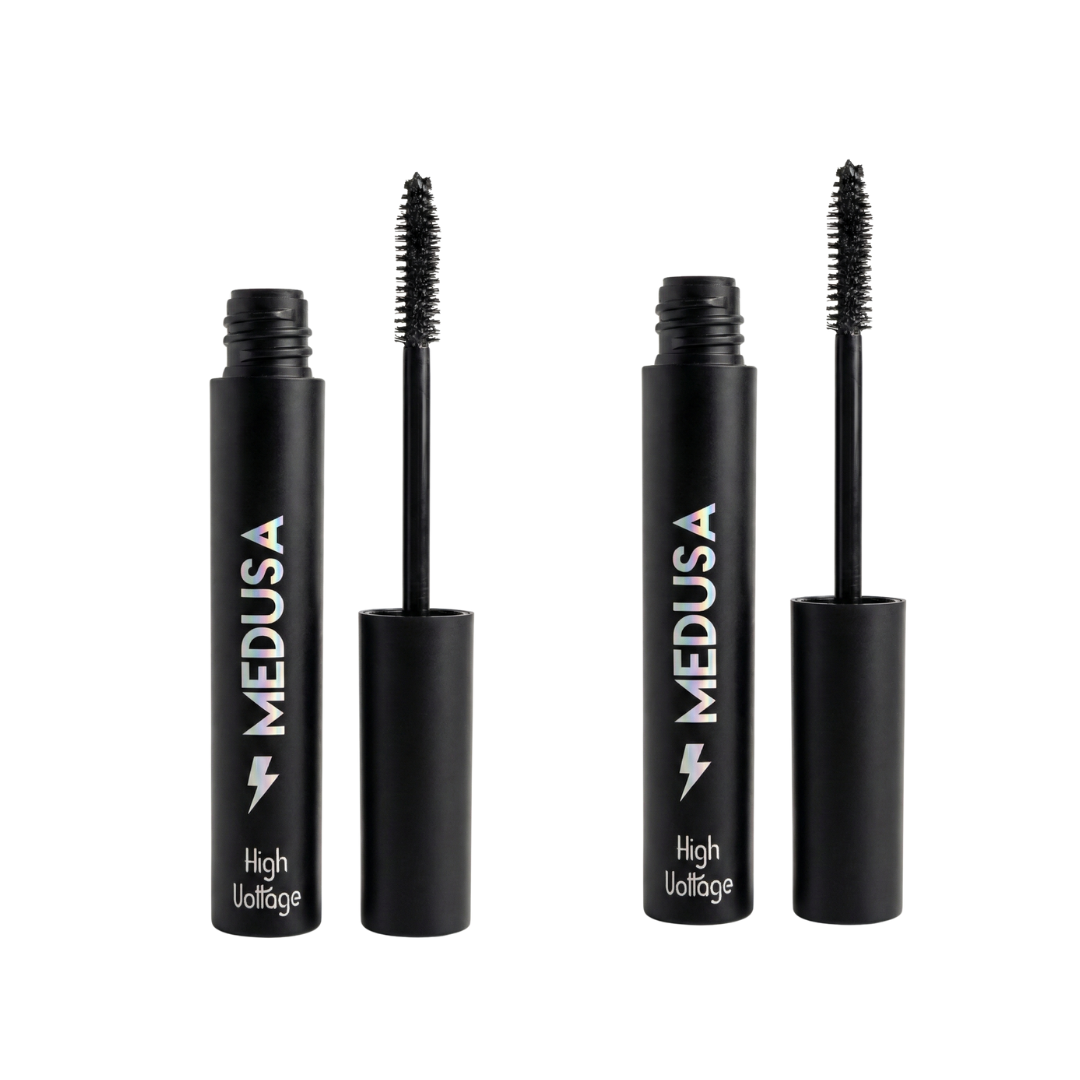 Two black mascara tubes with刷子 on a white background, branded 'MEDUSA'.