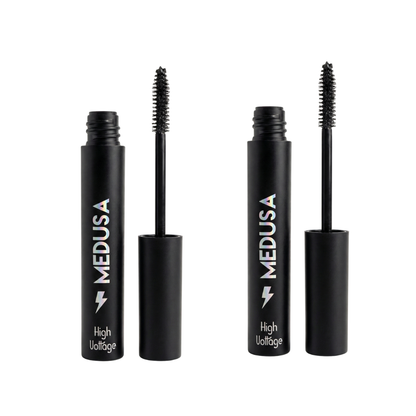Two black mascara tubes with刷子 on a white background, branded 'MEDUSA'.
