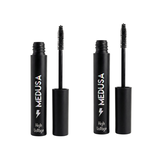 Two black mascara tubes with刷子 on a white background, branded 'MEDUSA'.