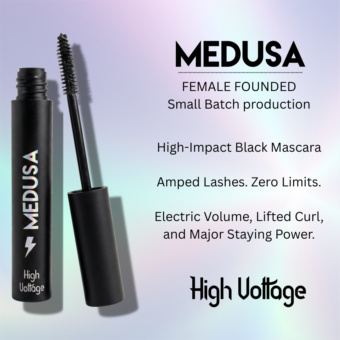 Black mascara with 'MEDUSA' branding on a gradient background