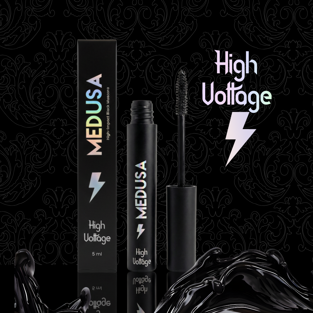 Medusa High Voltage mascara with packaging on a black background