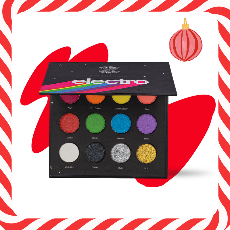 Makeup palette with colorful shades on a candy cane-themed background