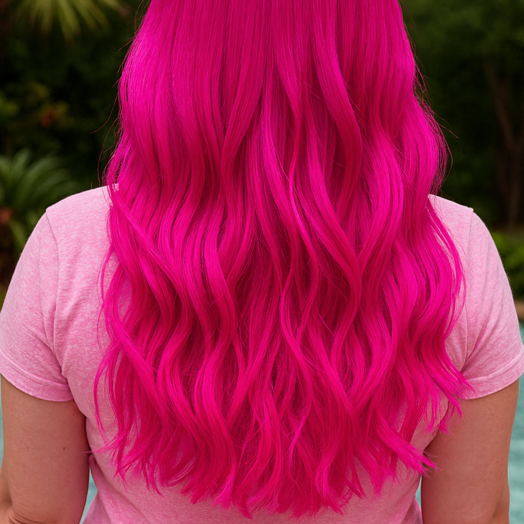 Person with bright pink hair wearing a pink shirt against a blurred natural background
