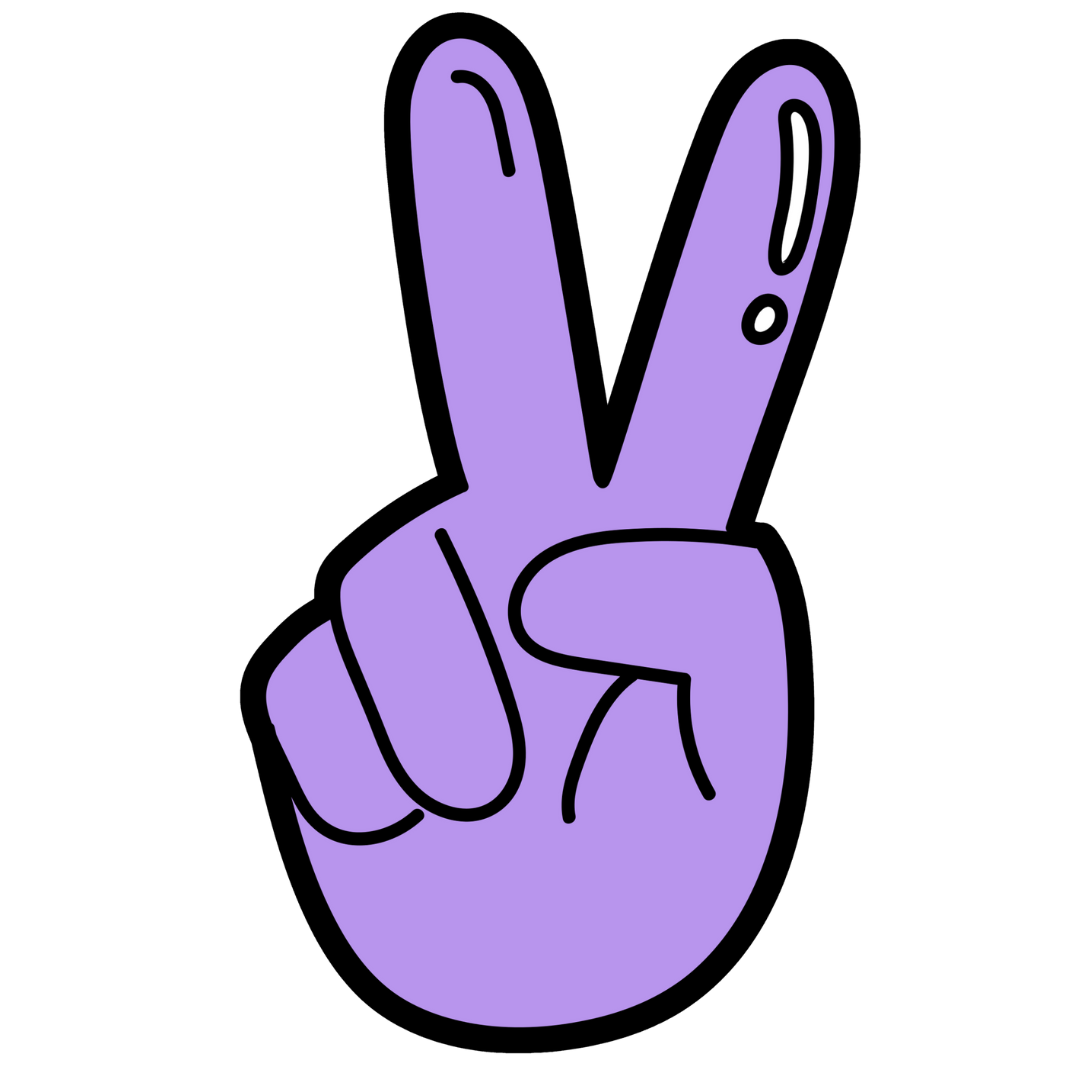 Purple hand making a peace sign on a white background