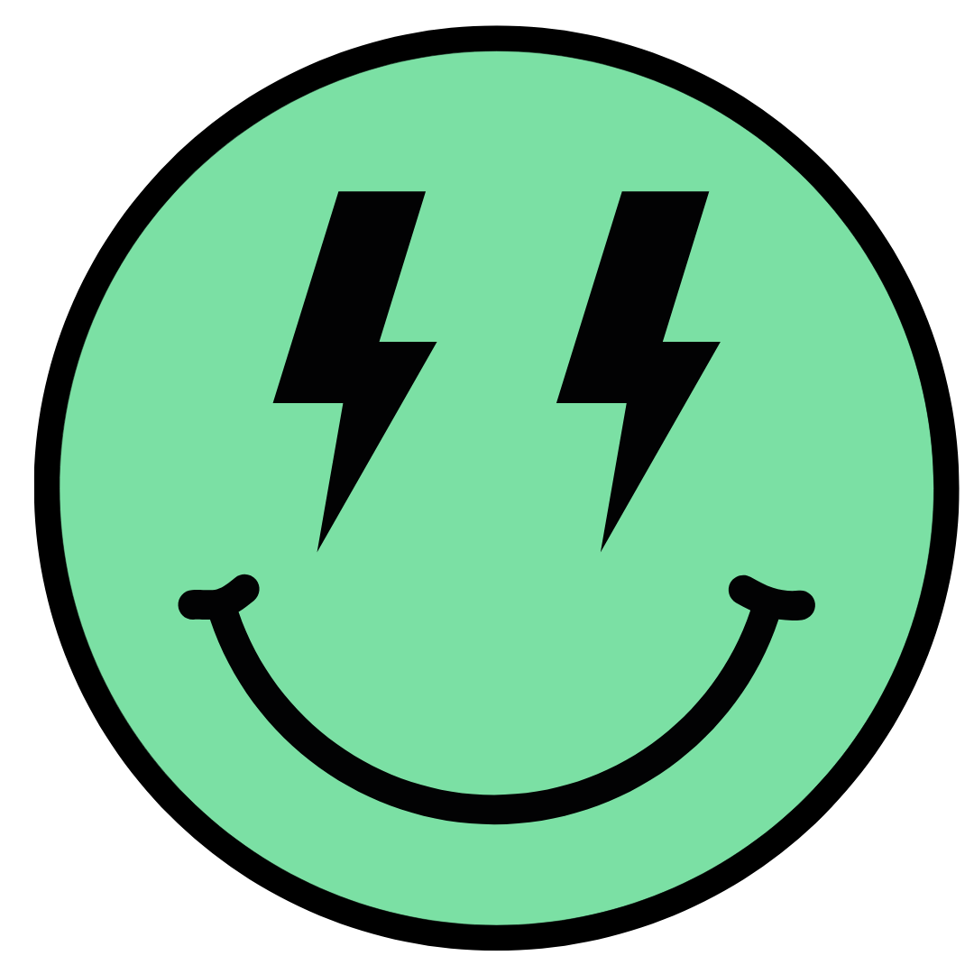 Smiley face with lightning bolts on a green circle