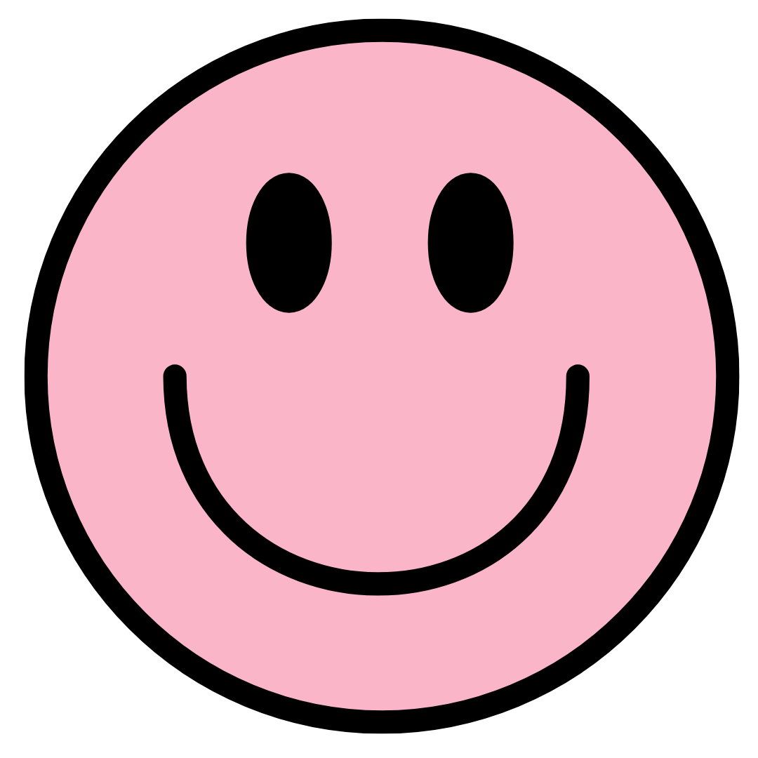 Pink smiley face with black outline on a white background