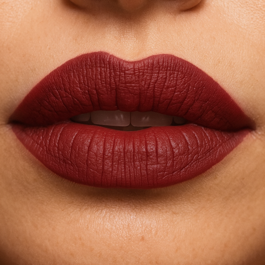 Close-up of a person wearing a deep red lipstick on a neutral background