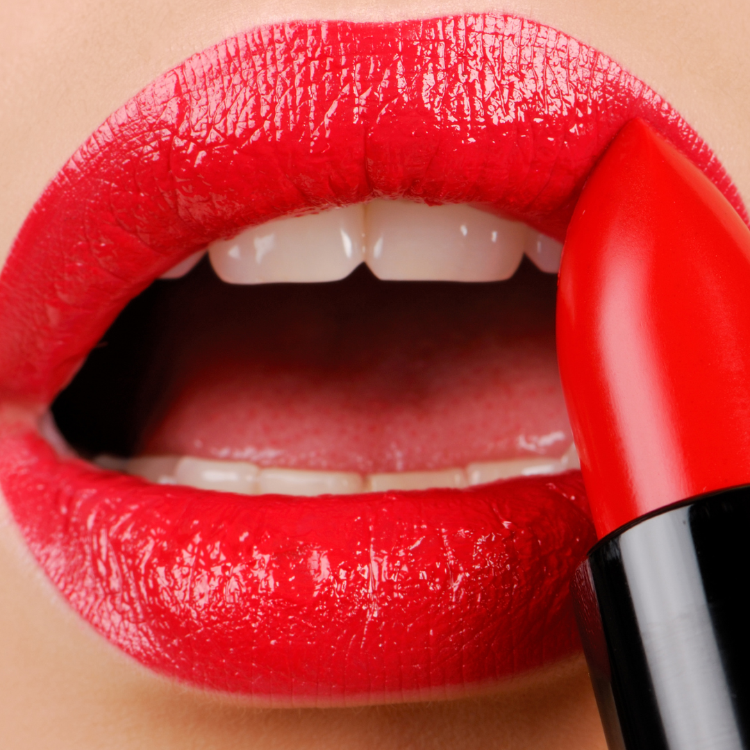 red lips, applying red lipstick, up close
