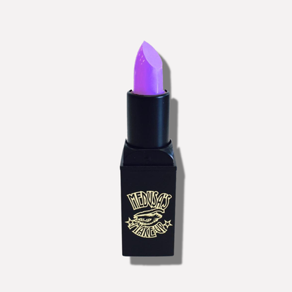 Black lipstick with purple shade and visible brand logo on a white background