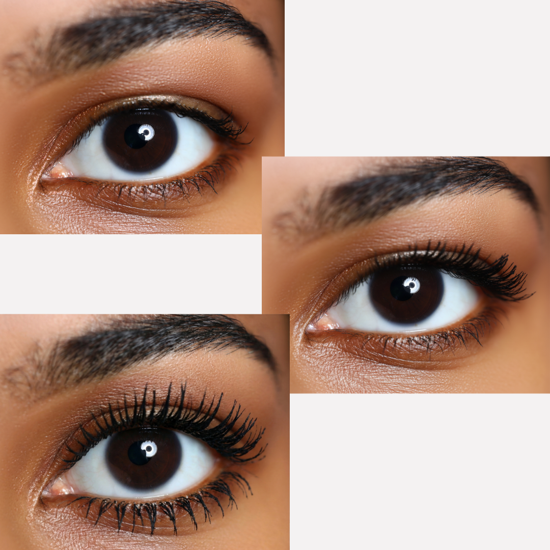 Close-up of a person's eyes with different lash extensions applied.