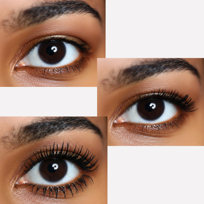 Close-up of a person's eyes with different lash extensions applied.