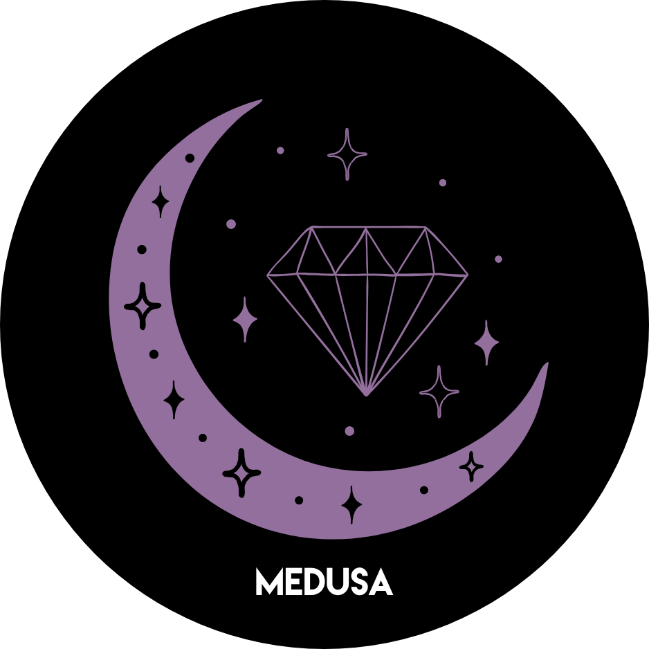 Circular logo with purple crescent moon, diamond, and stars on a black background, featuring the brand 'MEDUSA'.