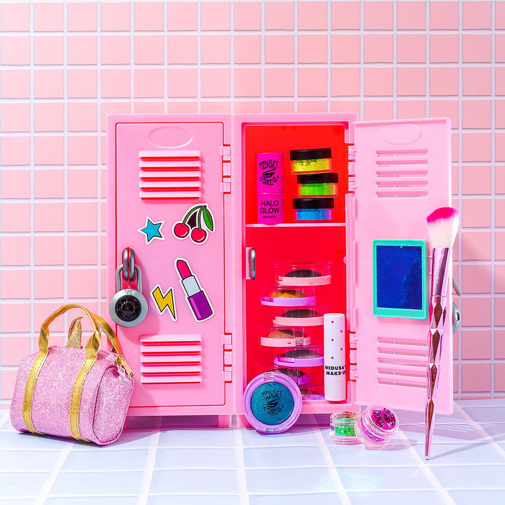 mini pink locker with makeup organized 