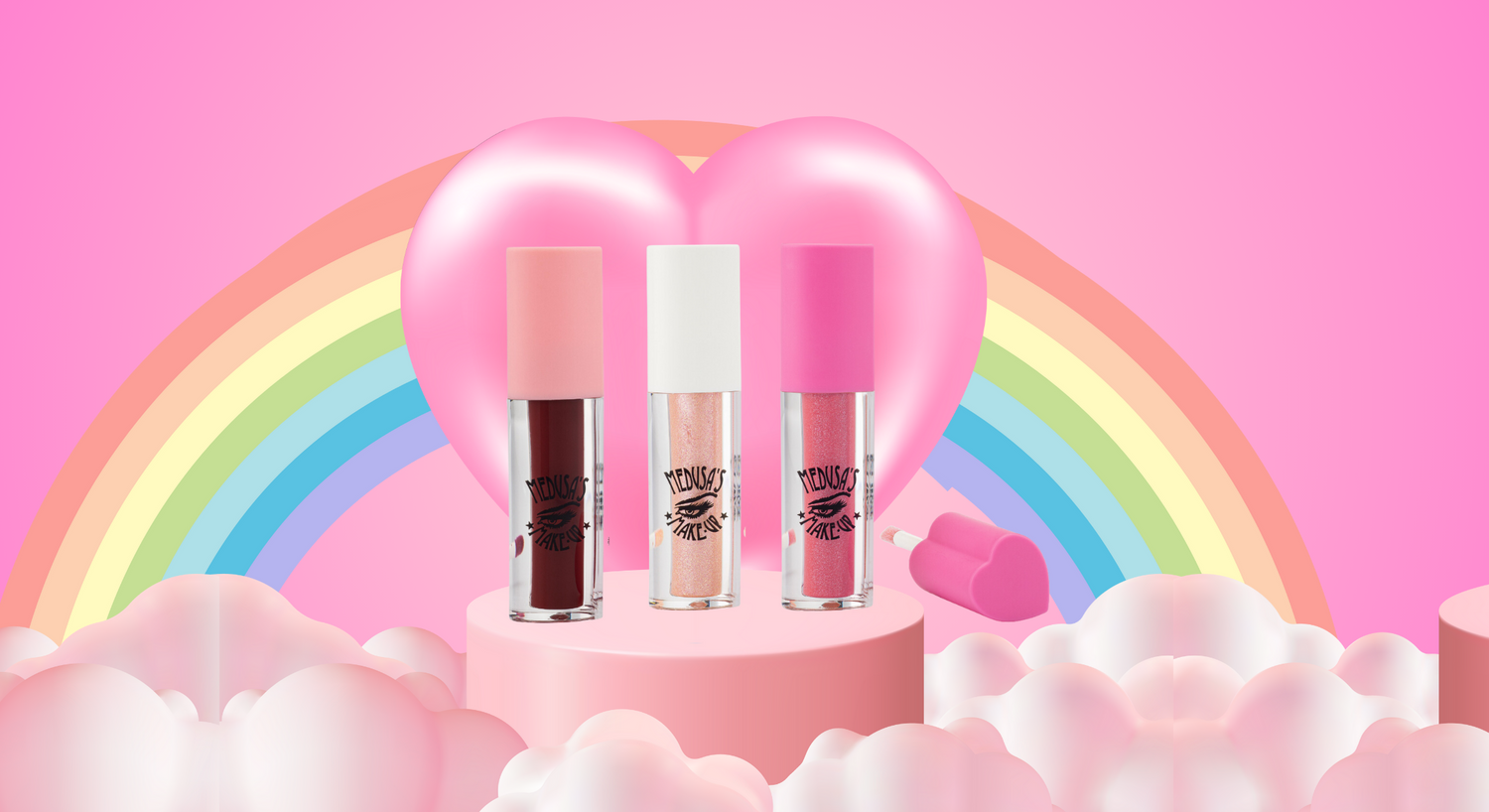 Medusa's Makeup lip gloss bundle "I heart me" plush trio on clouds and rainbow
