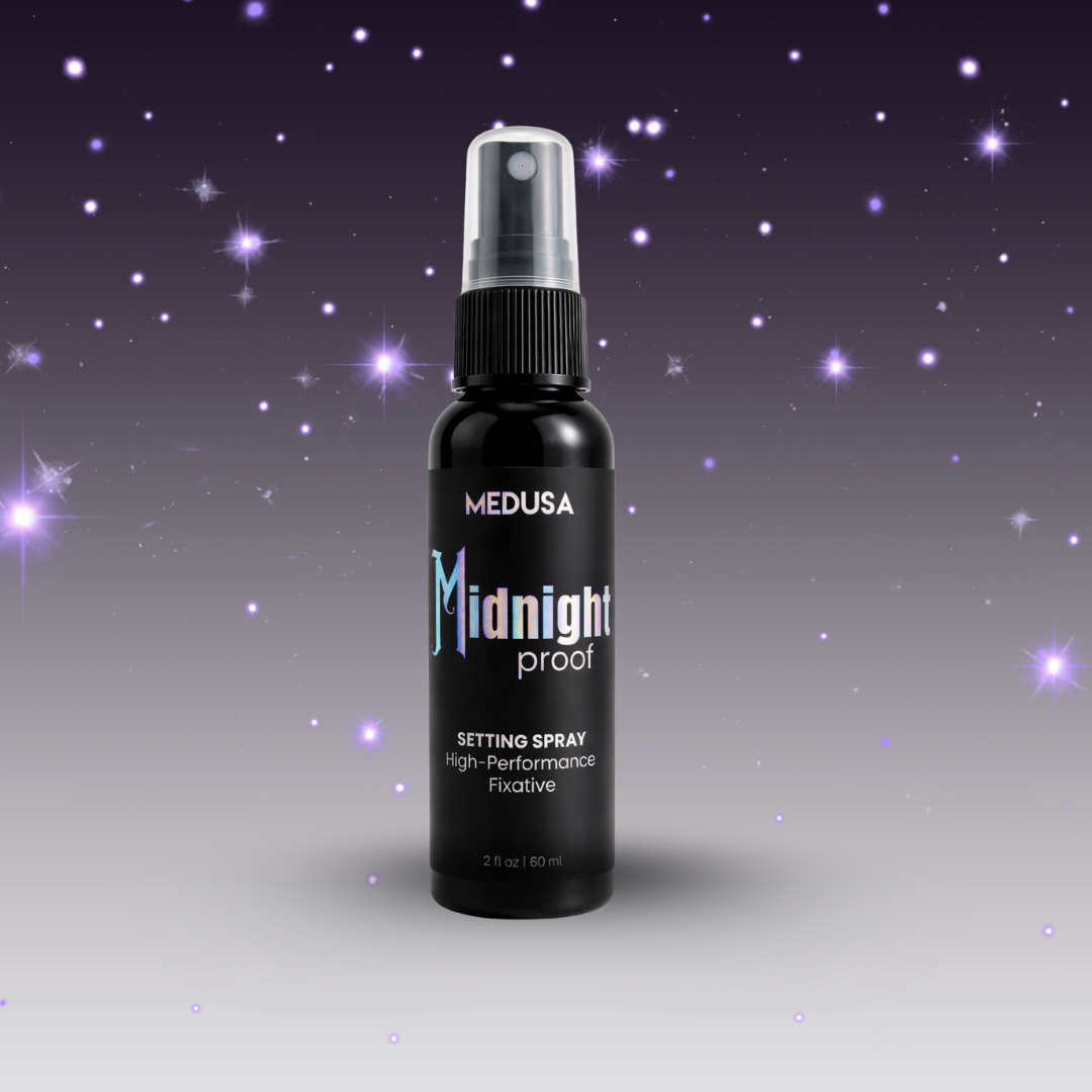 Black spray bottle labeled 'Medusa Midnight Proof' on a starry background