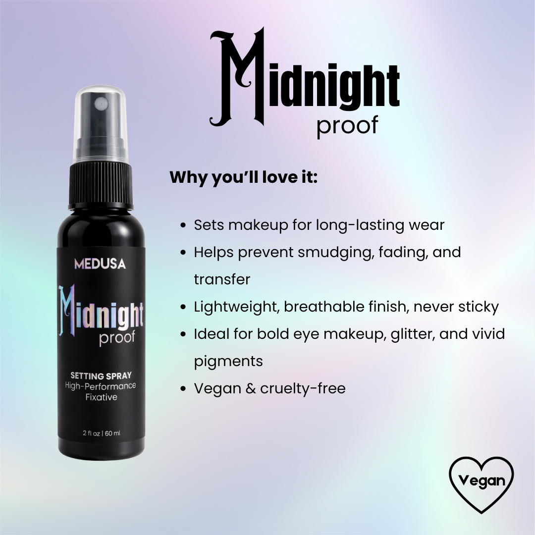 Medusa Midnight Proof setting spray bottle with product features on a gradient background