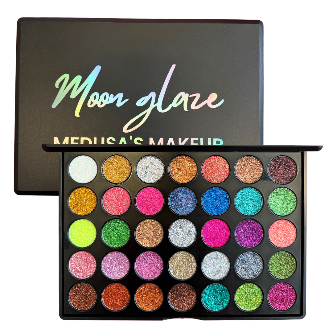 Makeup palette with colorful glitter shades and 'Moon Glaze' branding.