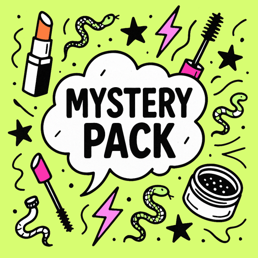 Illustration of a 'Mystery Pack' with cosmetic items on a green background