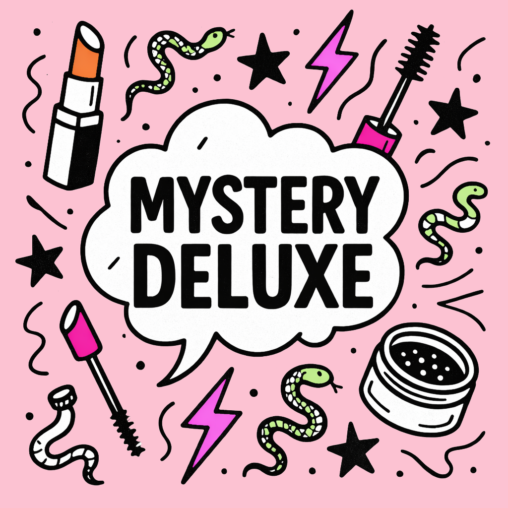 Mystery Deluxe logo with cosmetic items on a pink background