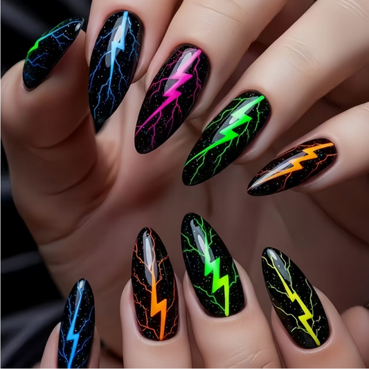 Nails with colorful lightning designs on a neutral background