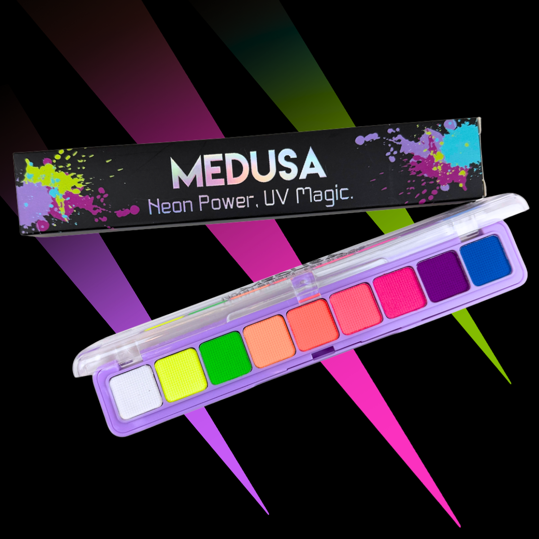 Neon color palette with 'MEDUSA' branding on a colorful abstract background