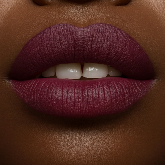 Close-up of a person's lips with a dark purple lipstick on a matching skin tone.