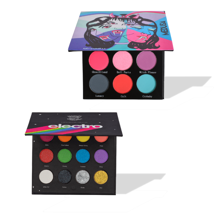 Makeup palette with colorful shades and brand logo on a white background