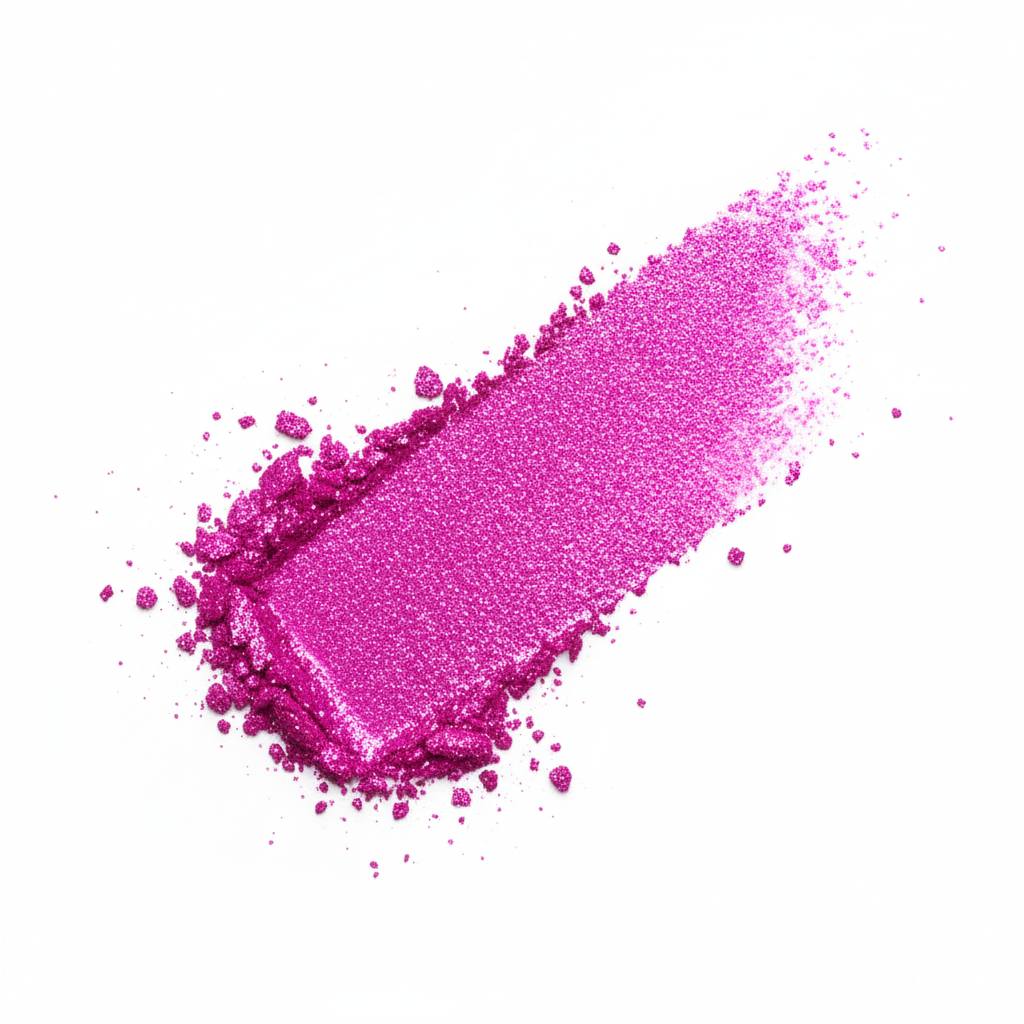 Pink glittery makeup swatch on a white background