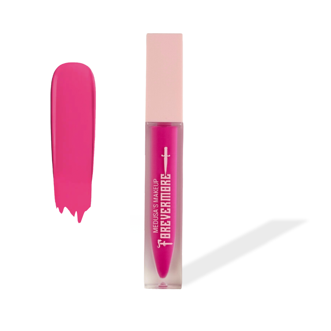 Pink lip gloss with packaging on a white background