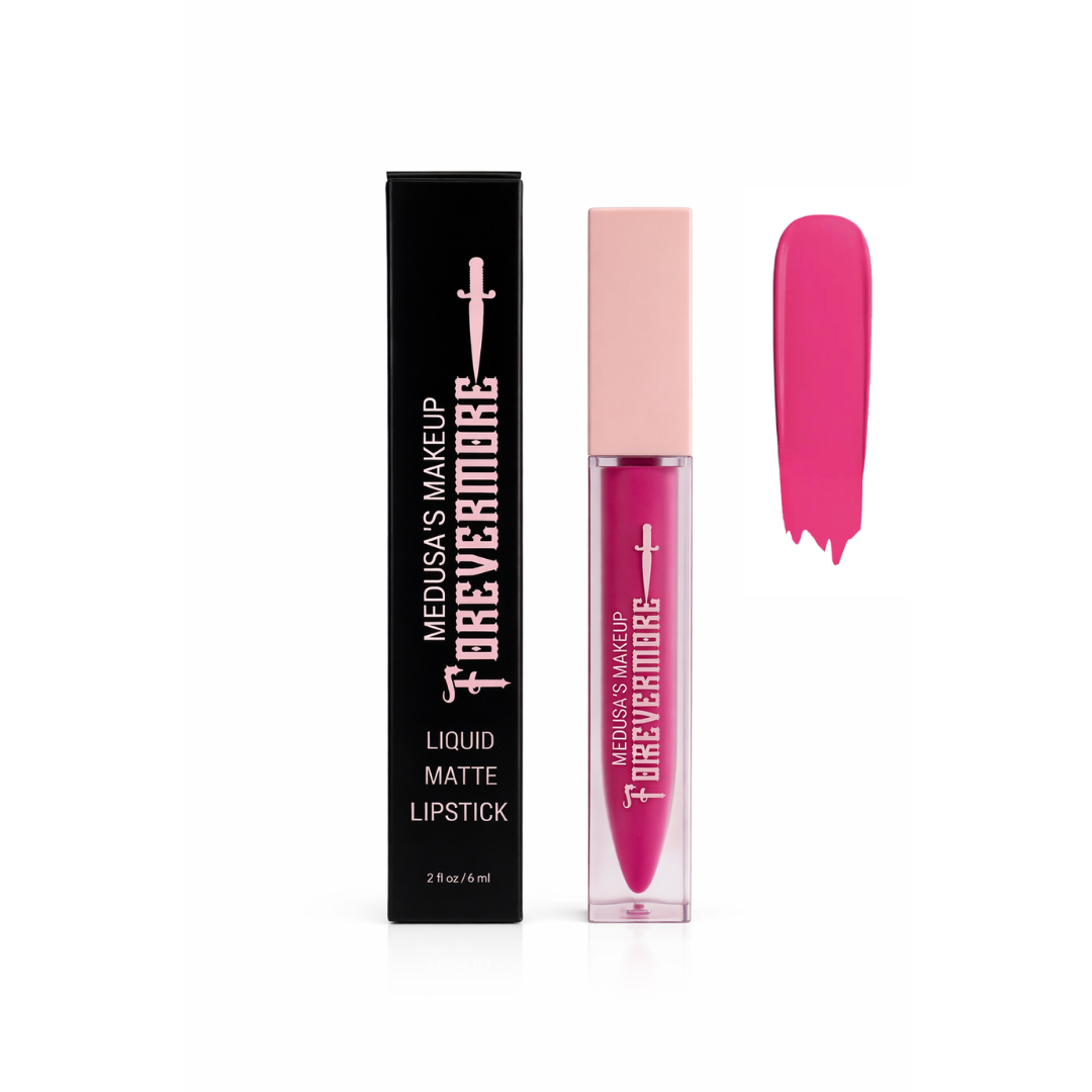 Pink liquid lipstick with packaging on a white background