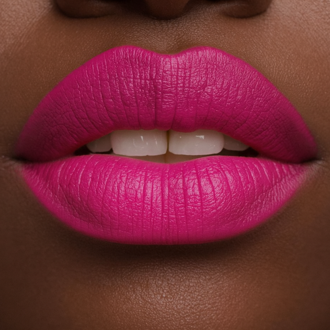 Close-up of bright pink lipstick on a brown background