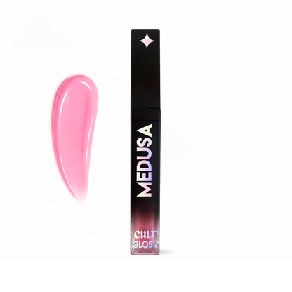 Pink lip gloss with black packaging labeled 'MEDUSA' on a white background