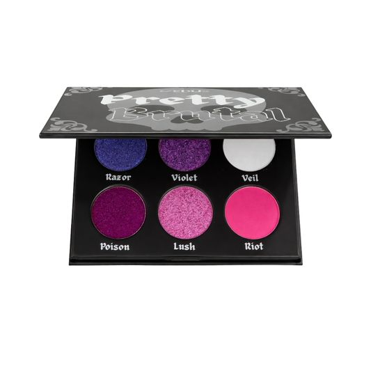 Makeup palette with four colors labeled 'Raz or', 'Violet', 'Veil', 'Poison', 'Lush', 'Riot' on a white background.