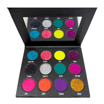 Makeup palette with colorful glittery shades on a white background