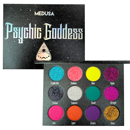 Makeup palette with colorful shades and 'Medusa Psychic Goddess' packaging.