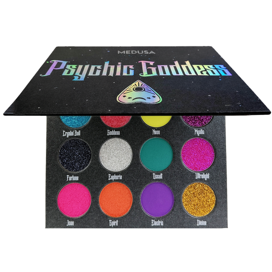 Makeup palette with colorful eyeshadows and 'Medusa Psychic Goddess' branding.