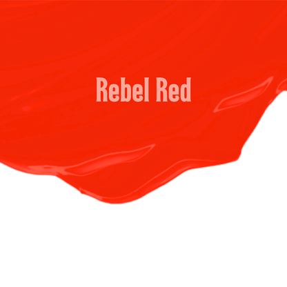 Red color swatch with 'Rebel Red' text on a white background