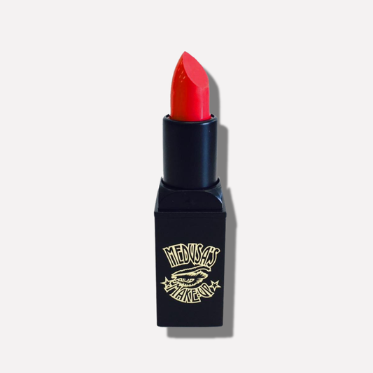 Red lipstick in a black case with a brand logo on a white background