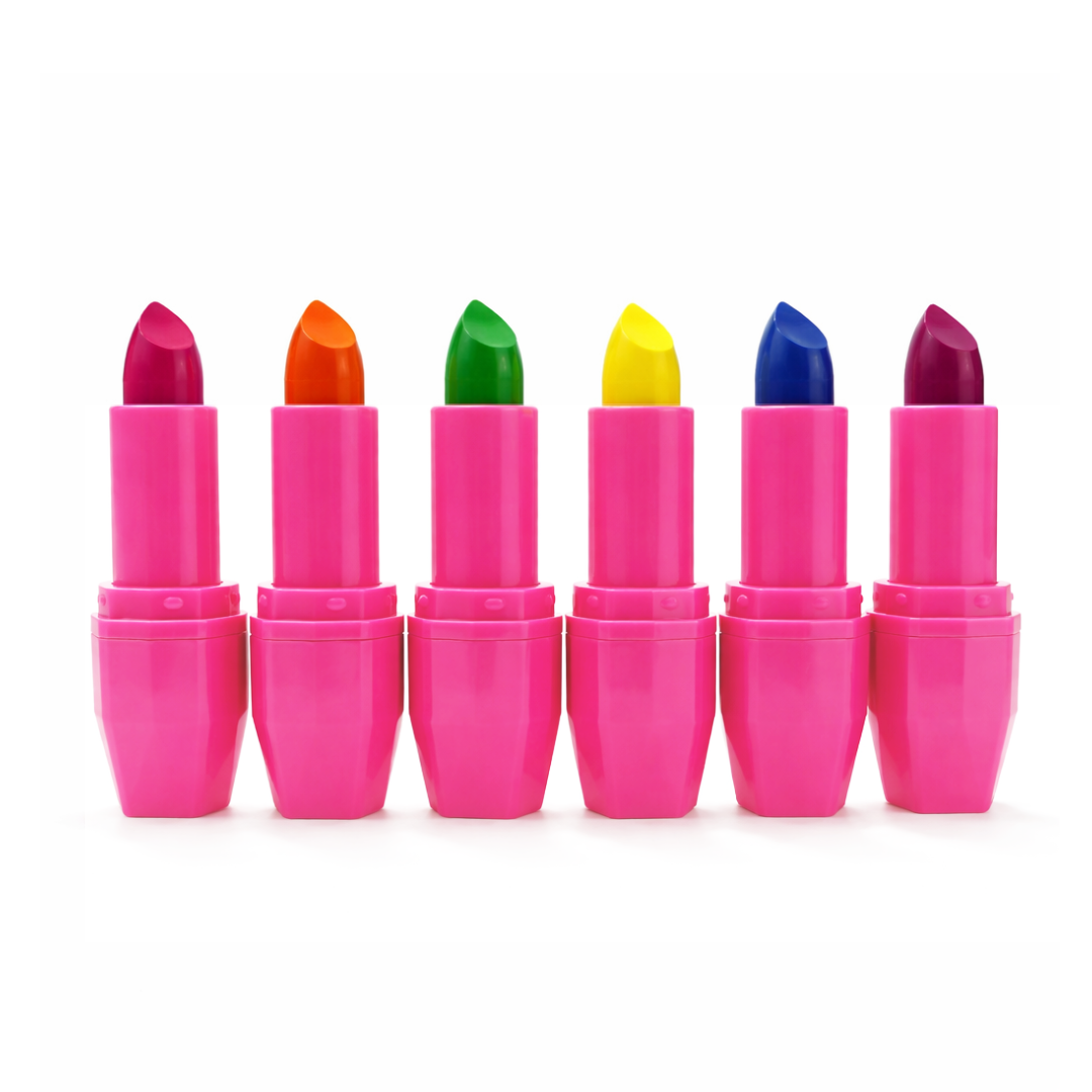 Set of colorful lipsticks in pink cases on a white background