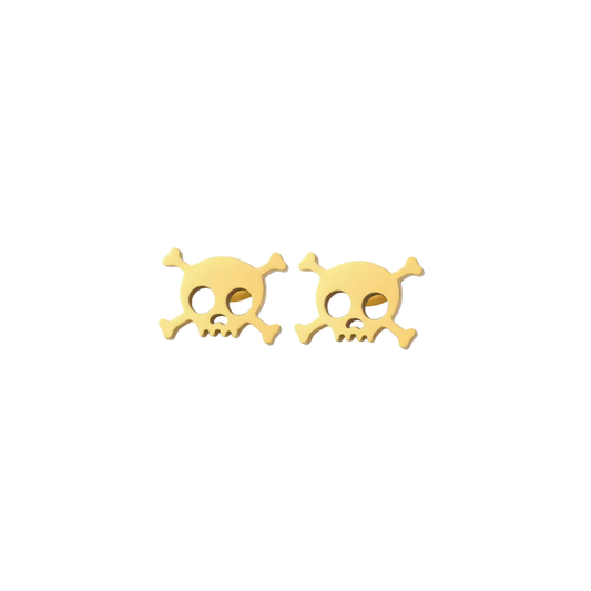 Gold skull-shaped earrings on a white background