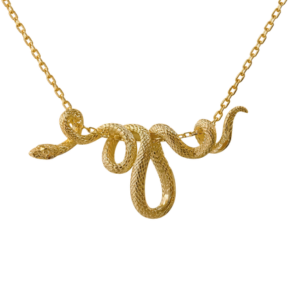 Gold snake-shaped pendant on a chain against a white background
