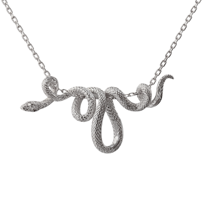 Silver snake-shaped pendant on a chain against a white background