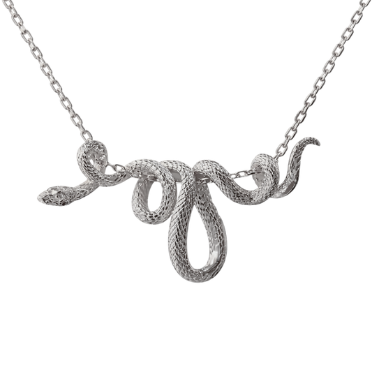 Silver snake-shaped pendant on a chain against a white background