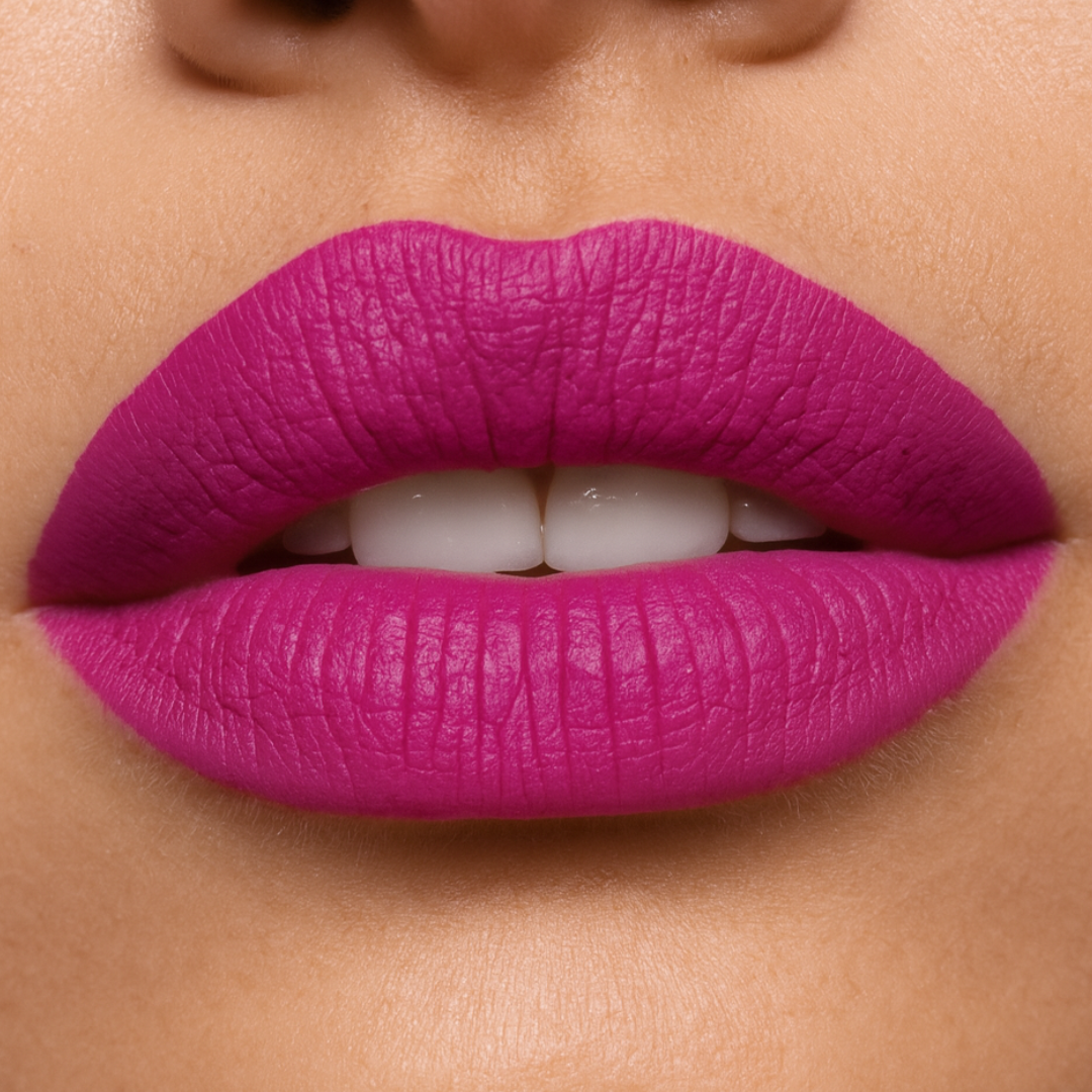 Close-up of a person wearing bright pink lipstick on a neutral background